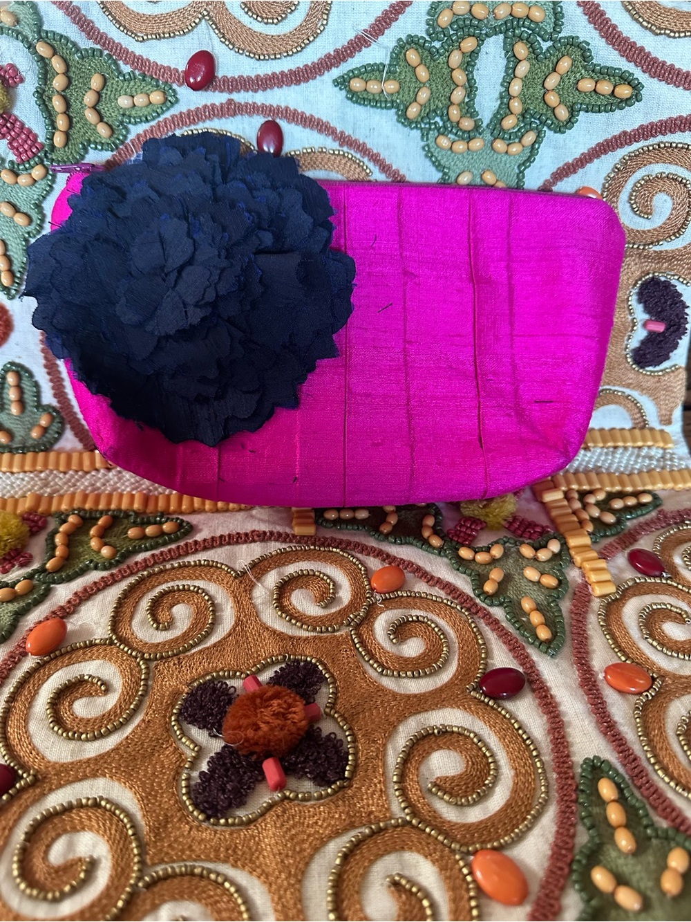 Elegant Fuchsia Clutch with Navy Blue Floral Accent